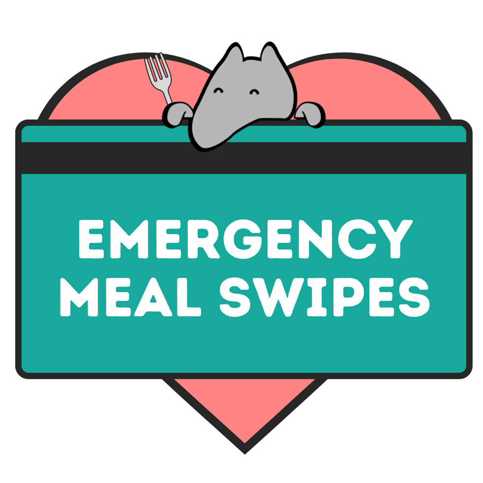 Emergency meal swipes logo with heart and anteater with fork